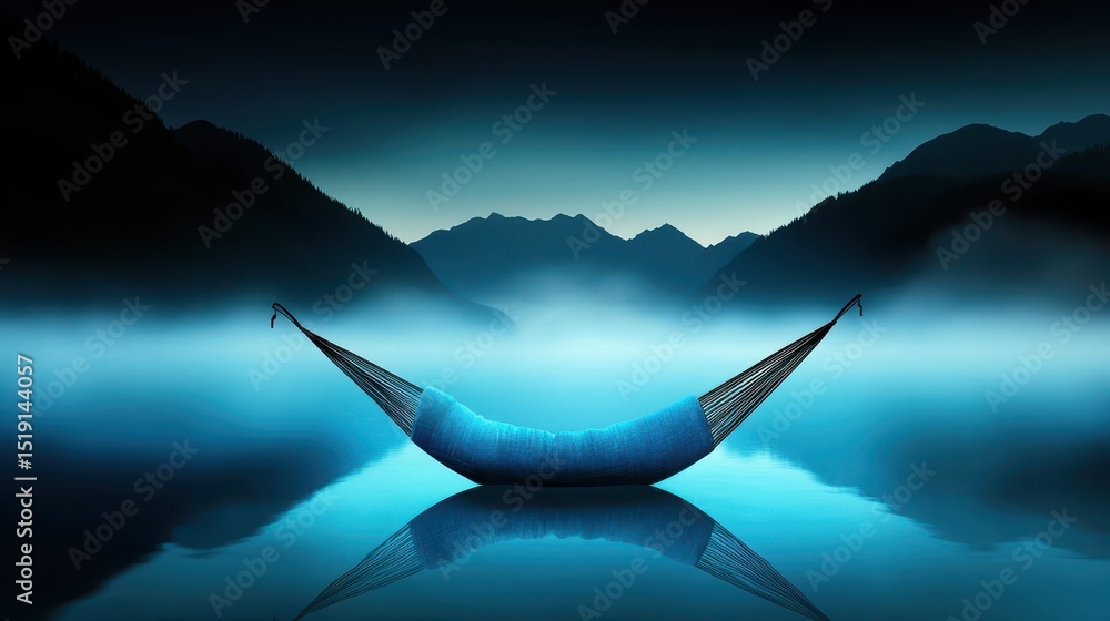 Aufkleber relaxing hammock mountain concept. a serene boat floats on a tranquil lake surrounded by misty mount