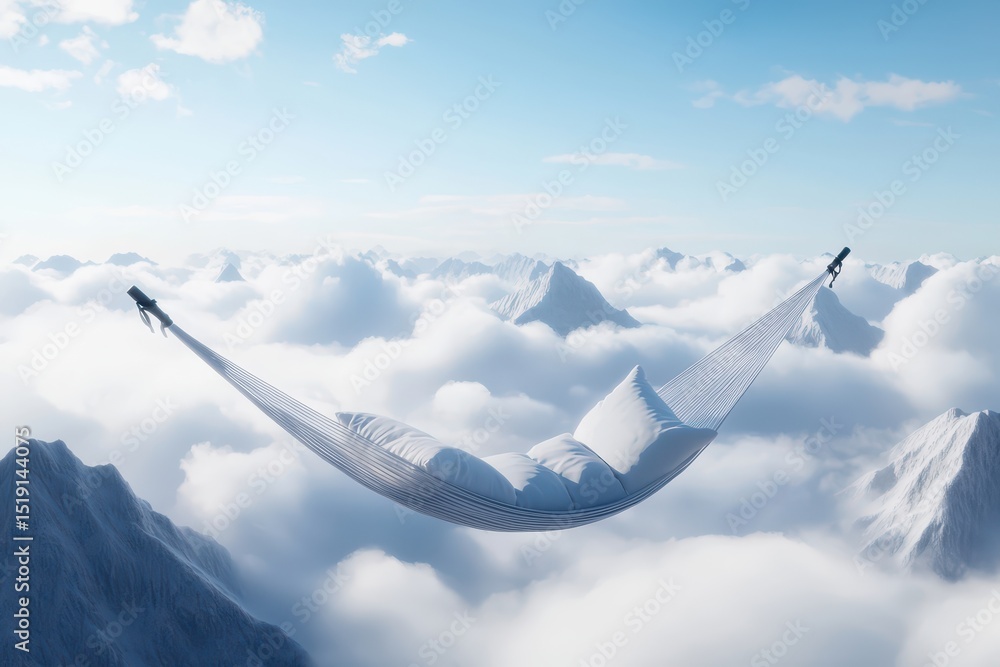 Poster relaxing hammock mountain concept. a surreal hammock suspended above clouds in a mountainous landsca