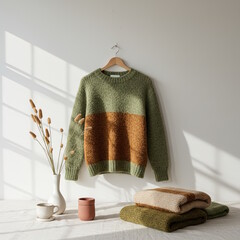 Cozy knitted sweater hanging in bright room with minimalist decor - Concept of eco-fashion  