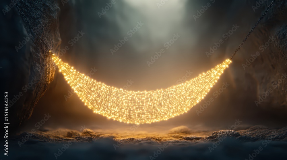 Poster relaxing hammock mountain concept. a hammock made of glowing lights suspended in a dark cave-like en