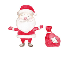 Santa Claus with gift bag. Xmas illustration hand drawn with watercolor. Cute Christmas design elements for creating greeting cards, posters, invitations