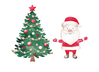 Santa Claus and Christmas tree clip art. Xmas illustrations hand drawn with watercolor. Cute Christmas set. Design elements for creating greeting cards, posters, invitations