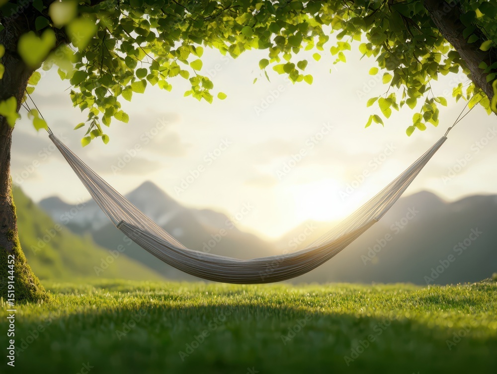Poster relaxing hammock mountain concept. a serene hammock hangs between trees, overlooking a peaceful land