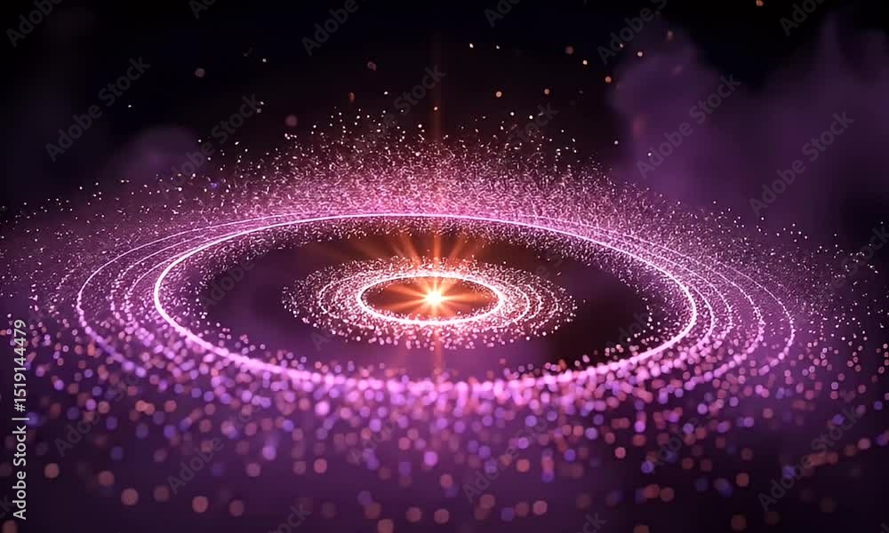 Poster abstract purple particle rings with a central glowing light against a dark background with swirling 