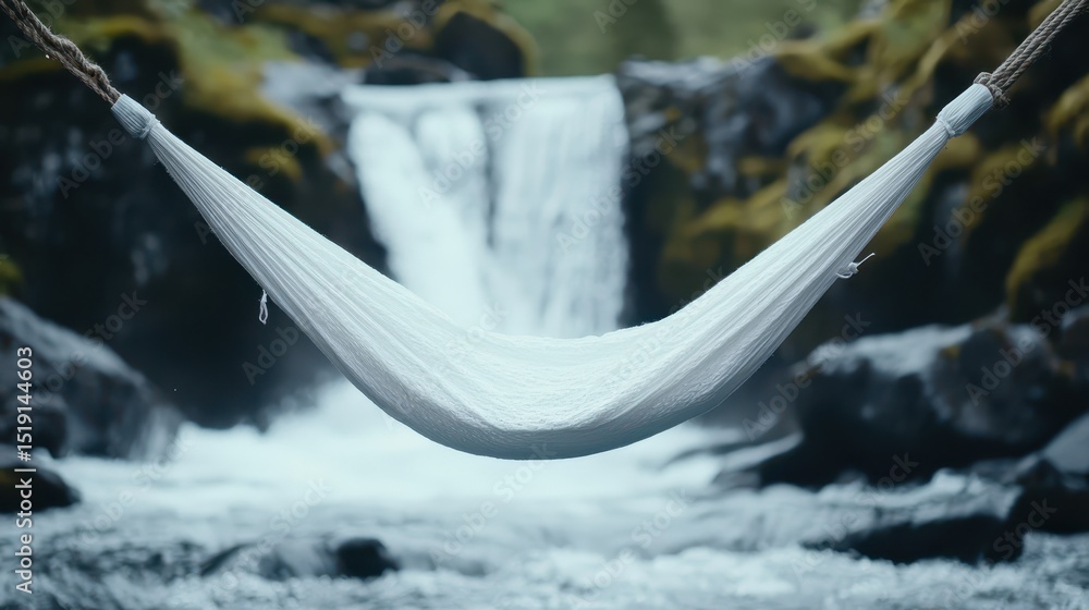 Aufkleber relaxing hammock mountain concept. serene hammock suspended by a waterfall in a tranquil natural set