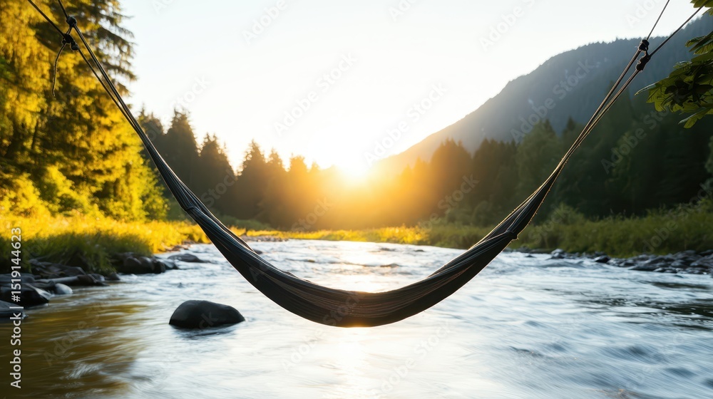Poster relaxing hammock mountain concept. hammock suspended over a river at sunset, surrounded by trees and