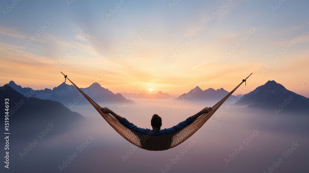 Poster relaxing hammock mountain concept. a person relaxes in a hammock, overlooking a serene mountain suns