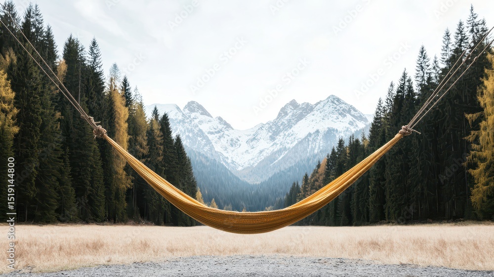 Poster relaxing hammock mountain concept. a hammock suspended between trees in a serene mountain landscape.