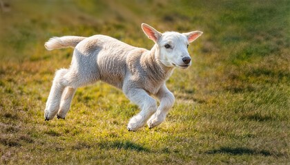 Vibrant Young Lamb Leaping with Joy in Springtime Meadow, Embracing a Palette of Fresh Greens and Blooming Wildflowers, Radiating Energy and Playfulness.