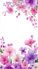 A delicate frame of watercolor flowers in pink and purple.