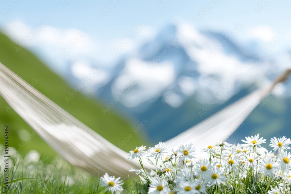 Aufkleber relaxing hammock mountain concept. Serene hammocks among daisies with mountains in the background create a tranquil atmosphere.