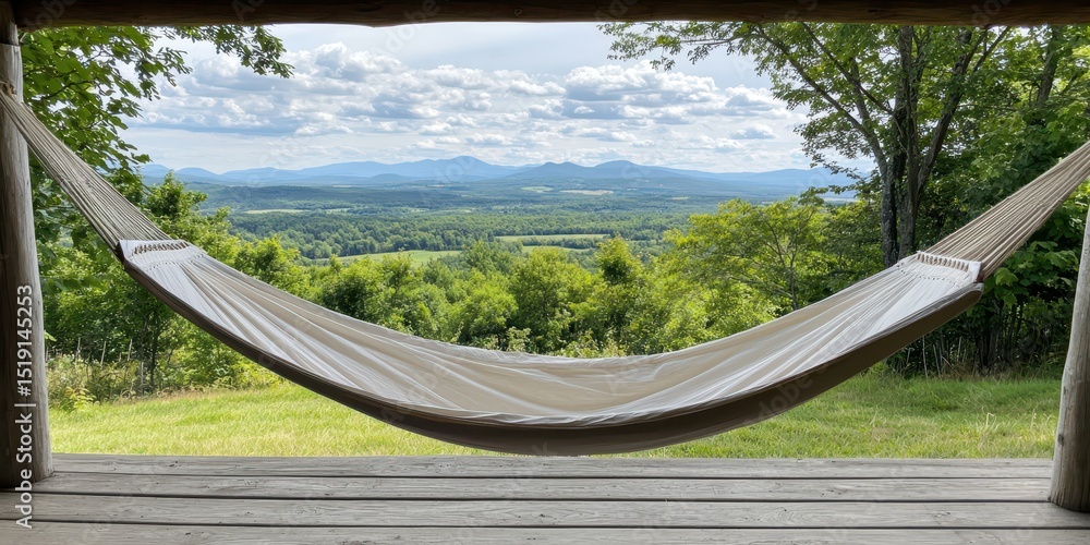 Poster relaxing hammock mountain concept. Serene hammock view overlooking a lush landscape and distant mountains under a cloudy sky.