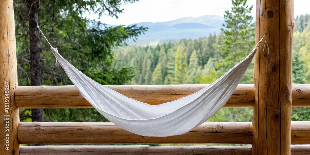 Poster relaxing hammock mountain concept. Hammock hanging between wooden posts with a serene forest backdrop.