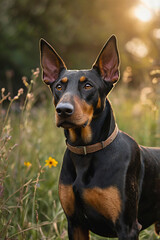 Alert Doberman Pinscher dog sitting in a grassy field during golden hour – focused expression, natural forest background, pet portrait in outdoor light