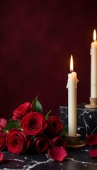Candles and roses on a dark background