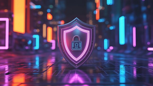 Digital security shield with padlock symbol in glowing neon cyberpunk futuristic environment
