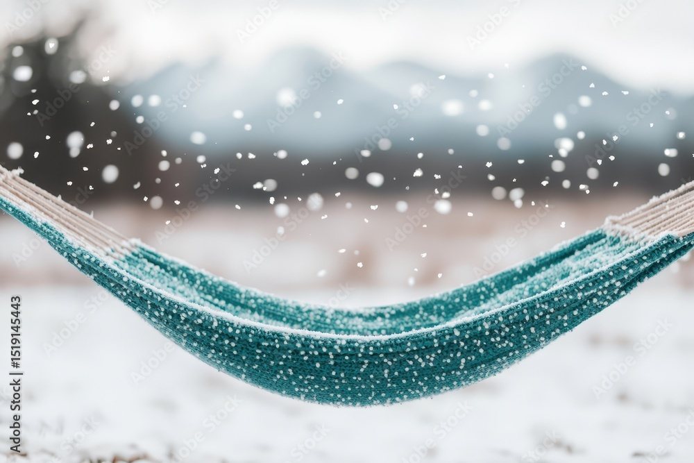 Poster relaxing hammock mountain concept. A hammock draped in snow with falling snowflakes in a serene landscape.