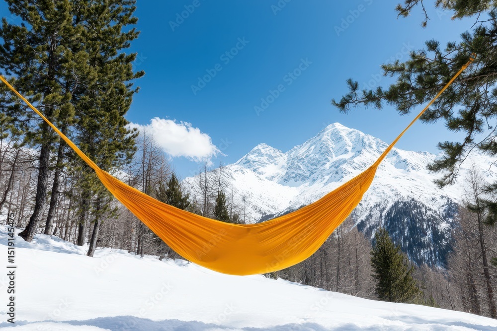 Poster relaxing hammock mountain concept. a hammock hangs between trees, set against snowy mountains and a 