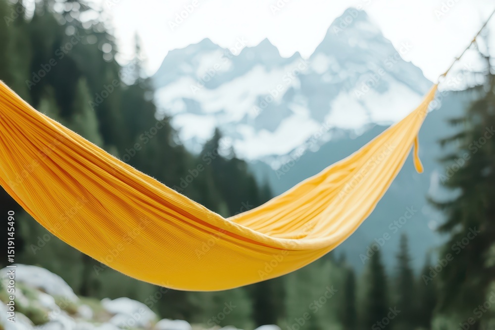 Aufkleber relaxing hammock mountain concept. hammock hanging in a serene mountain landscape with lush greenery