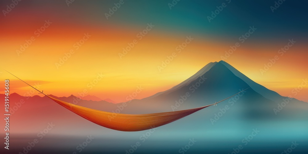 Poster relaxing hammock mountain concept. a hammock sways against a colorful sunset backdrop with a mountai