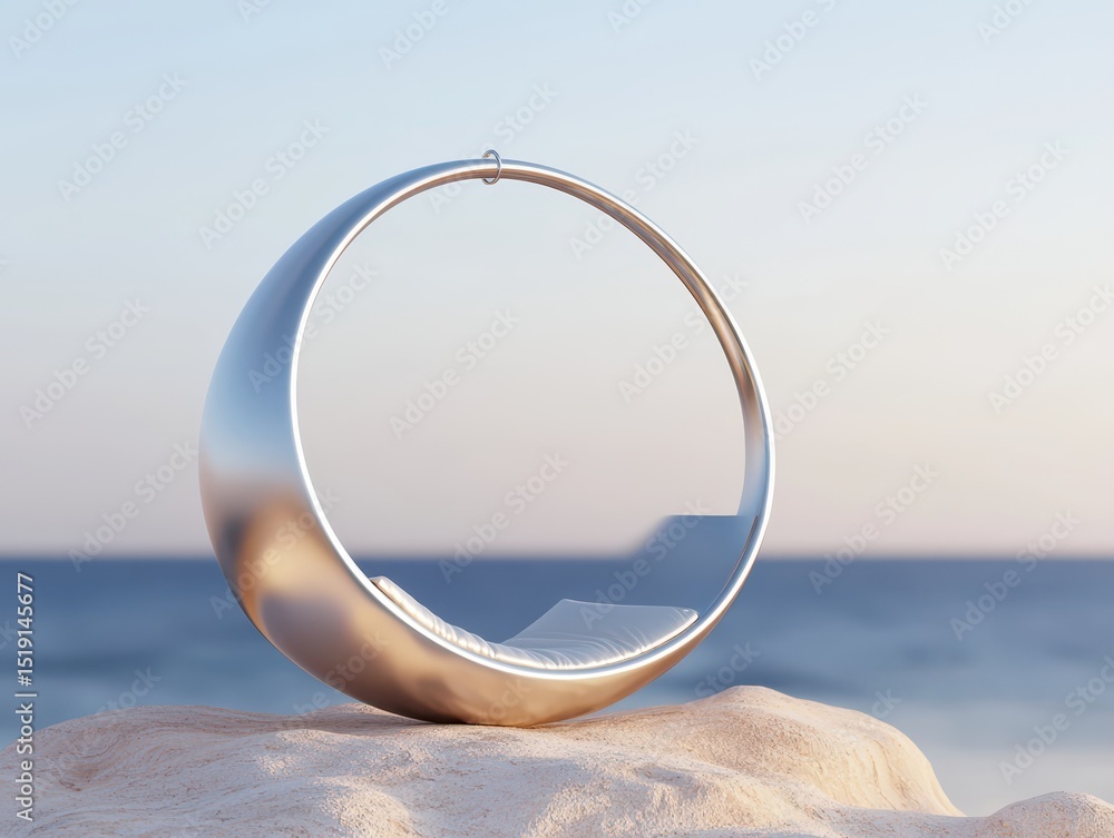 Poster relaxing hammock mountain concept. a metallic circular sculpture against a serene ocean backdrop at 