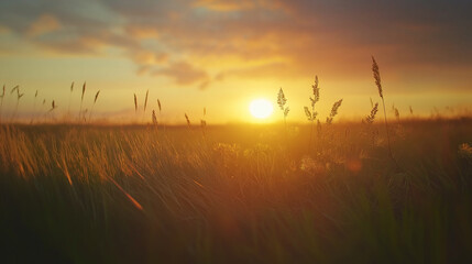 At sunset, golden meadow bathed in afterglow, sunlight through clouds, creating a tranquil and healing pastoral atmosphere