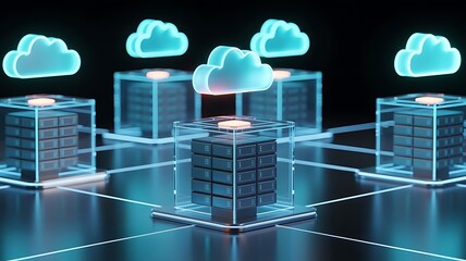 Futuristic cloud computing network illustrating data servers and cloud connectivity on dark background
