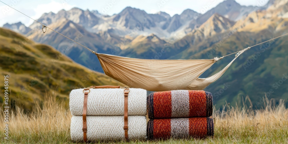 Poster relaxing hammock mountain concept. A hammock suspended between bales with a mountain backdrop creates a serene outdoor retreat.