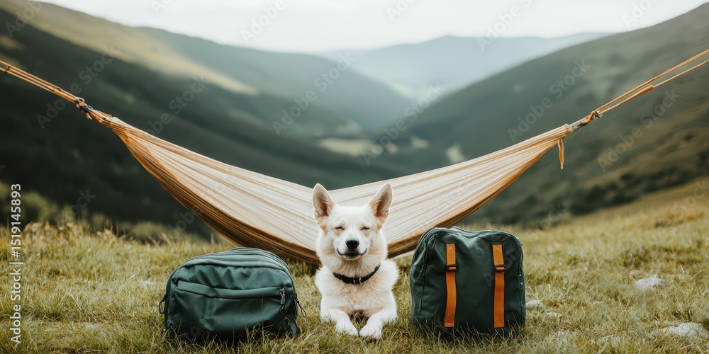 Poster relaxing hammock mountain concept. a dog relaxing in a hammock with backpacks in a serene mountain l