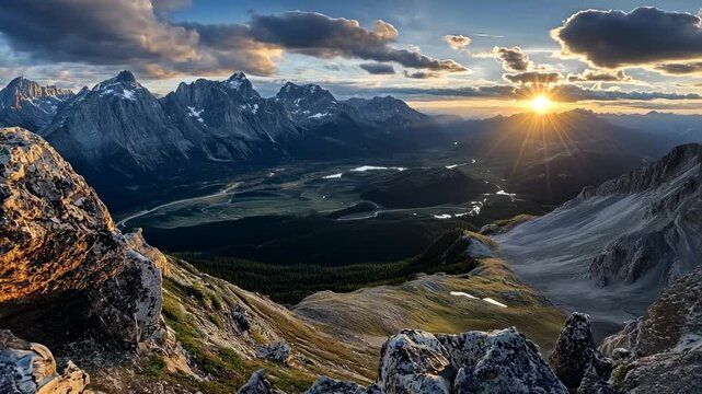 Majestic mountain panorama at sunset, showcasing a valley, rocky foreground, and sun rays