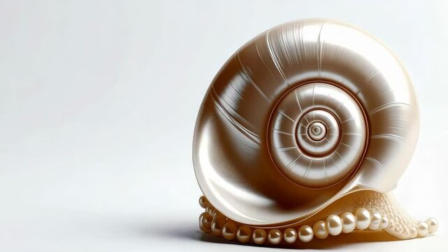 Opalescent snail shell with a row of pearls on a white background representing luxury, elegance, and the beauty of nature