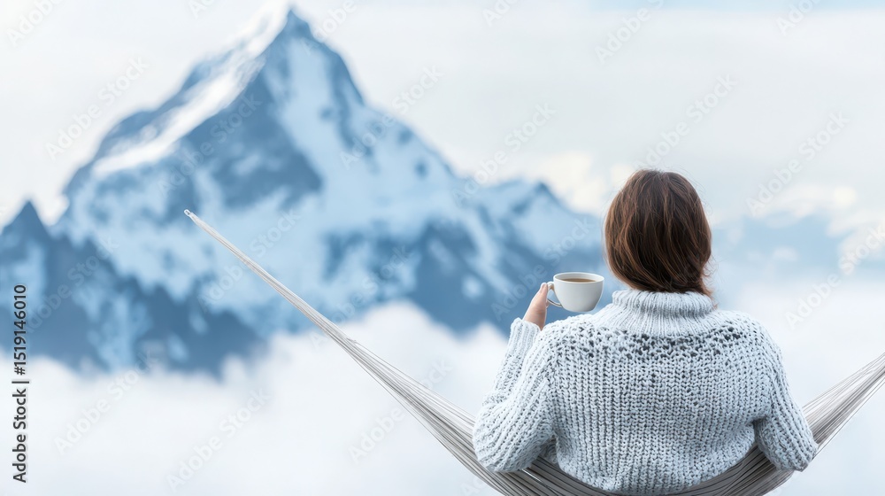 Aufkleber relaxing hammock mountain concept. Relaxing view of a person in a hammock with a mountain backdrop, enjoying a cup of coffee.