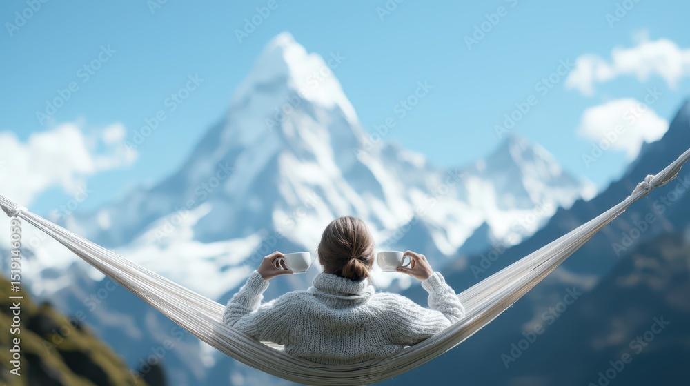 Poster relaxing hammock mountain concept. Relaxed individual in a hammock with mountains in the background.