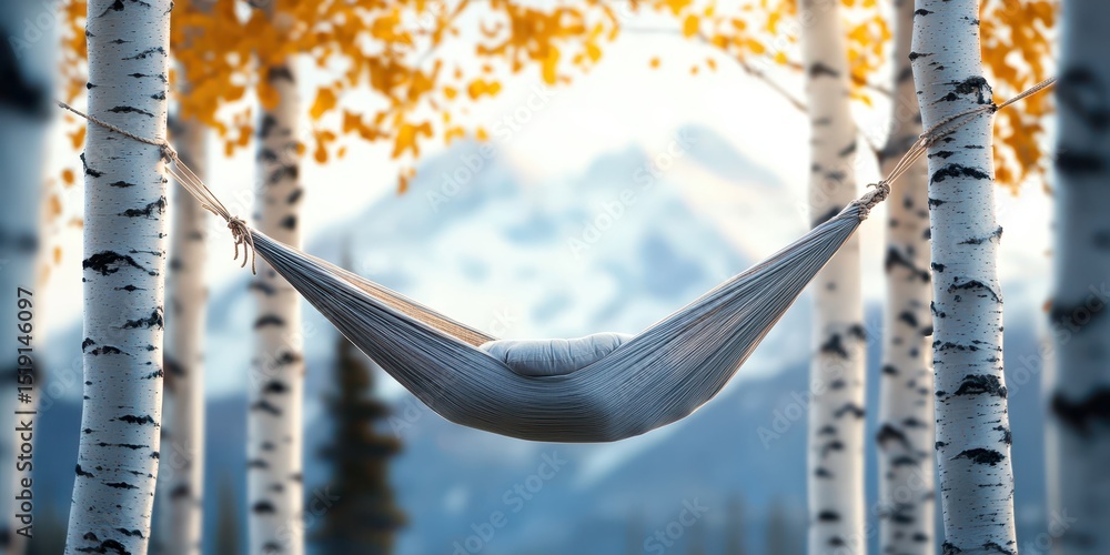 Poster relaxing hammock mountain concept. Tranquil hammock between birch trees with mountains in the background.