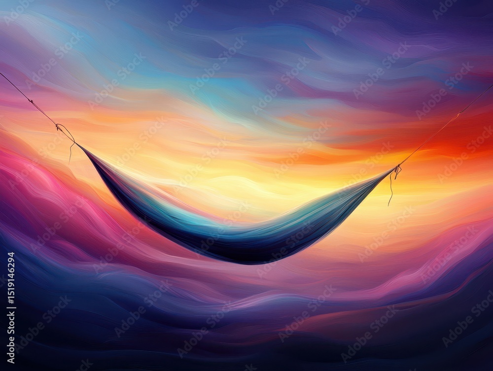 Poster relaxing hammock mountain concept. A colorful sky with a hammock creates a serene and tranquil atmosphere.