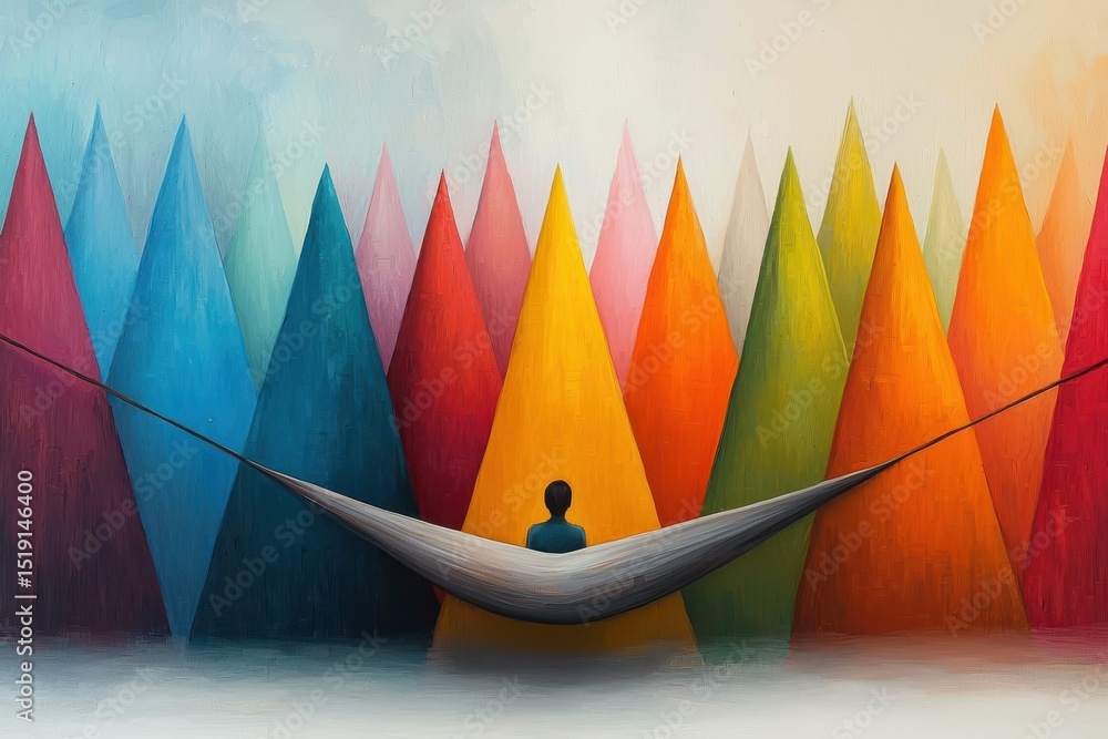 Poster relaxing hammock mountain concept. a person relaxes in a hammock surrounded by vibrant, abstract mou