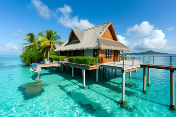 Luxurious vacation scene perfect for romantic or relaxing travel - A tropical overwater bungalow with clear water and reef visible underneath
