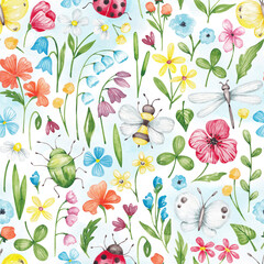 Wild flowers seamless pattern. Bright design with summer meadow flowers and insects. Hand drawn with watercolor. Cute wild flowers repeat print for textile, fabric, clothing, surface, packaging