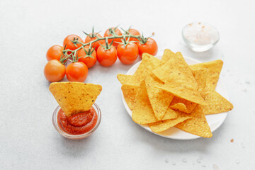 Single nacho chip dipped in tomato salsa with fresh tomatoes and chips on background