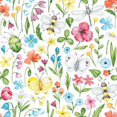 Wild flowers seamless pattern. Bright design with summer meadow flowers and insects. Hand drawn with watercolor. Cute wild flowers repeat print for textile, fabric, clothing, surface, packaging