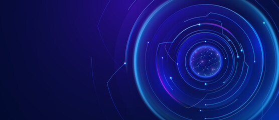 Futuristic digital interface with glowing circular rings and sphere, high technology background