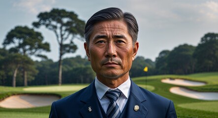 middle age Asian man in golf course background sports concept uniform portrait model photoshoot