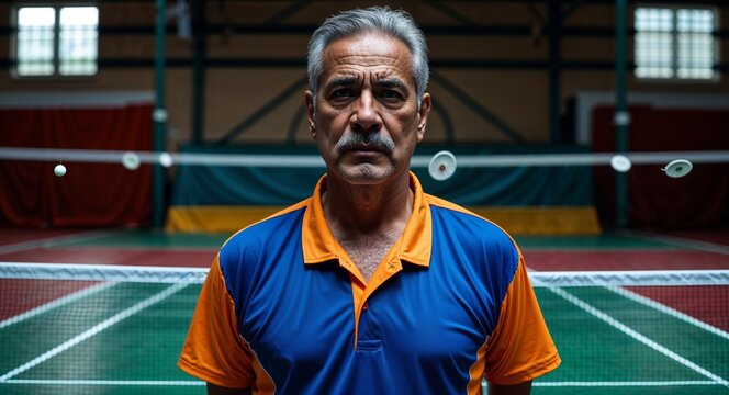 middle age latin man in badminton court background sports concept uniform portrait model photoshoot
