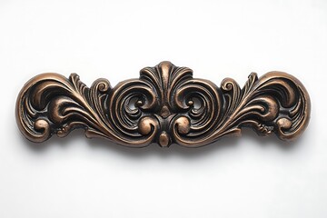 Close up of ornate bronze furniture handle with decorative swirls on a plain white background