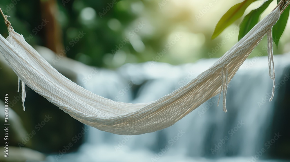 Poster relaxing hammock waterfall concept. hammock hanging near a serene waterfall in a lush garden setting