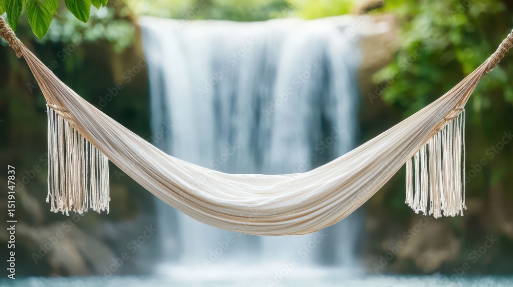 Poster relaxing hammock waterfall concept. A serene hammock hangs before a cascading waterfall in a lush, tranquil setting.
