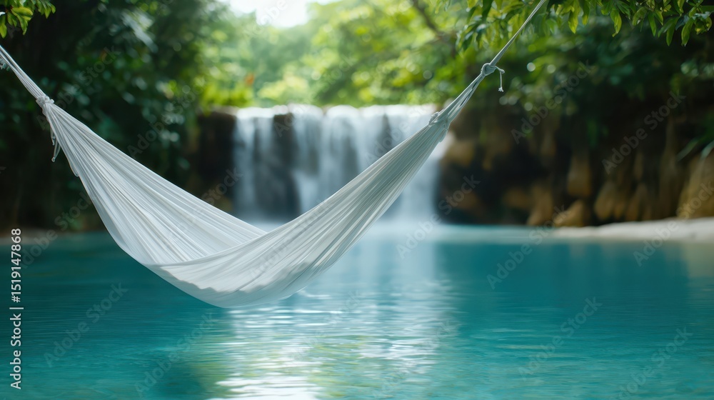 Poster relaxing hammock waterfall concept. serene hammock by a tranquil waterfall in lush surroundings.