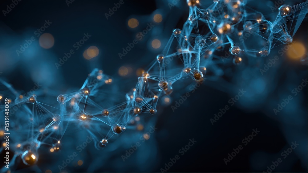 Poster abstract network of glowing spheres connected by lines on a dark blue gradient background