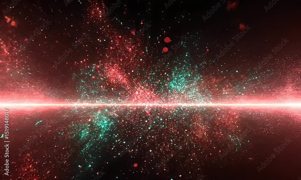 Aufkleber abstract red and teal particles glowing with a bright horizontal line in a dark space background cre