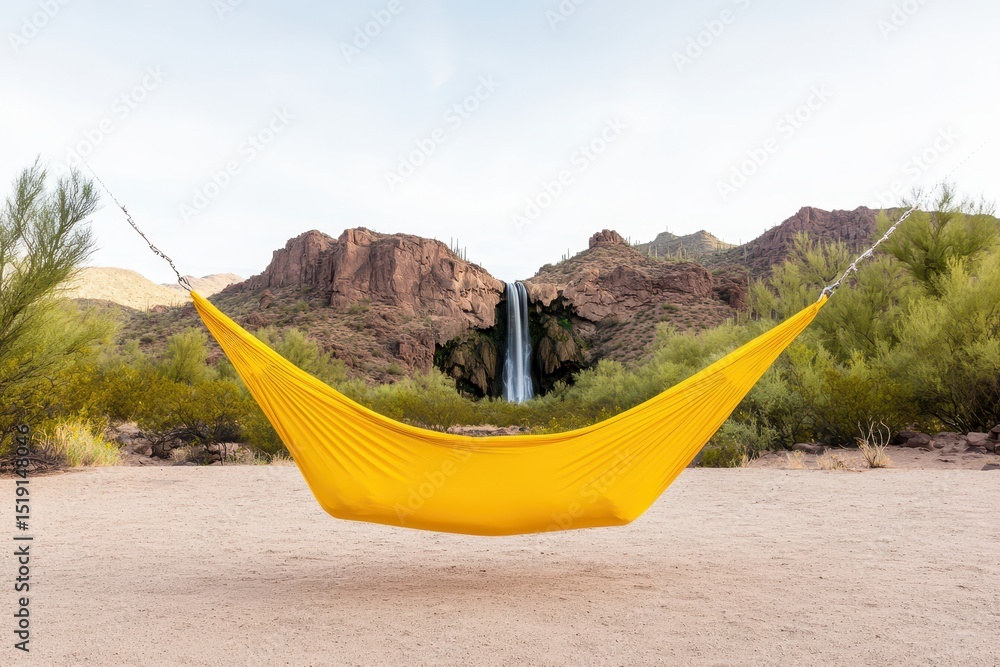Poster relaxing hammock waterfall concept. a bright yellow hammock set against a serene waterfall and deser